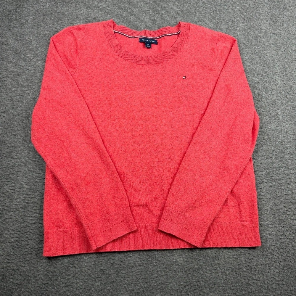 Tommy Hilfiger Women's L Large Crewneck Sweater Coral Pink Logo Knit Pullover